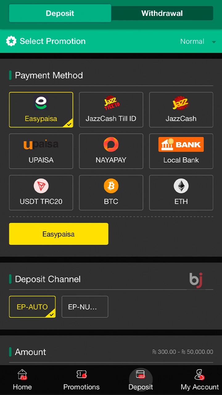 Find and select your deposit method on Baji