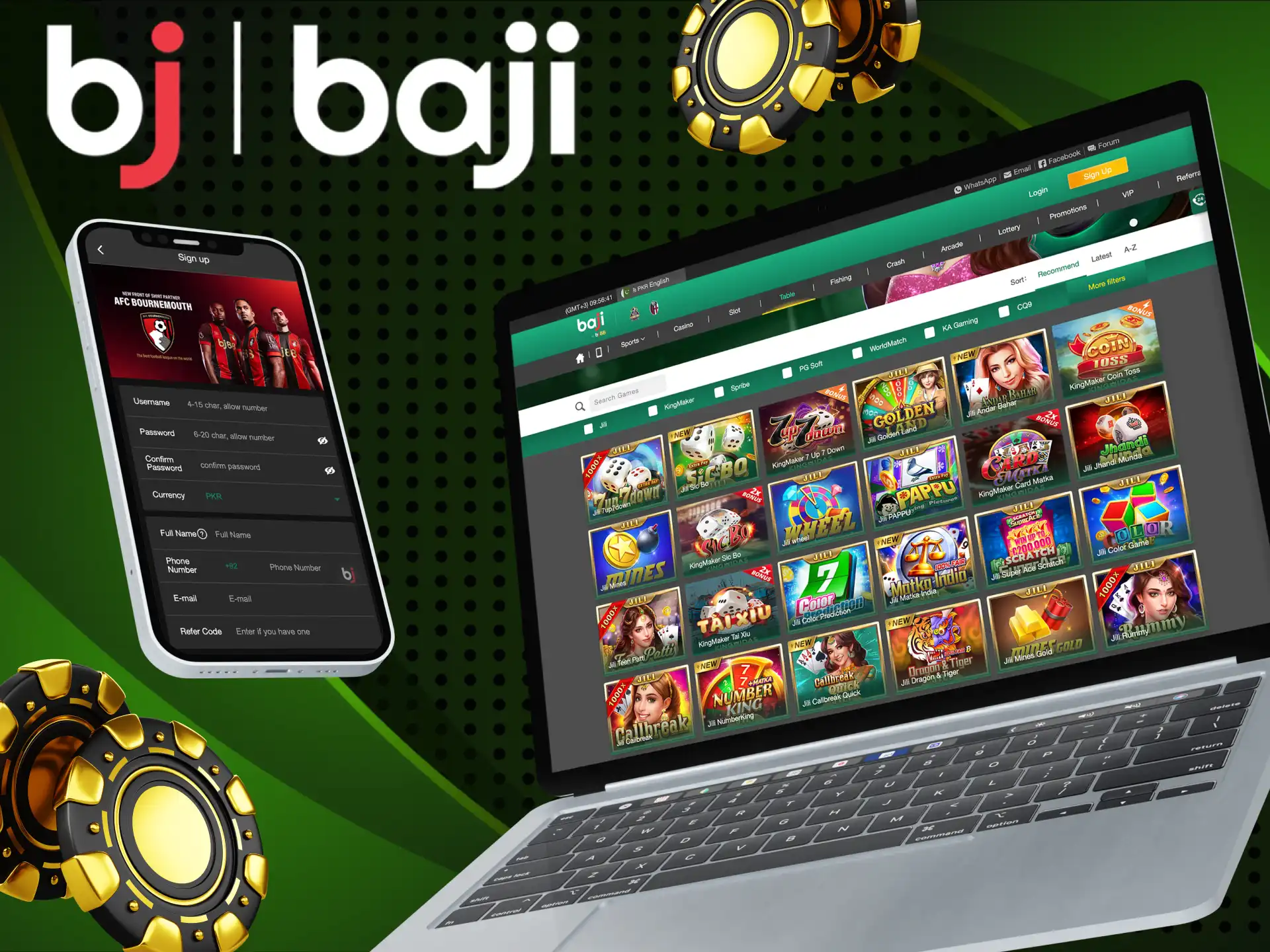 Instructions for players on how to start playing table games on the Baji online casino website.