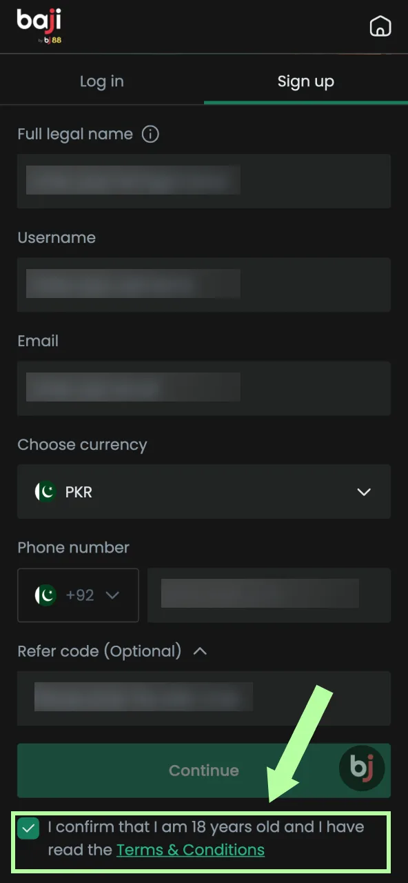 Agree to terms and confirm age (18+) on Baji Casino.