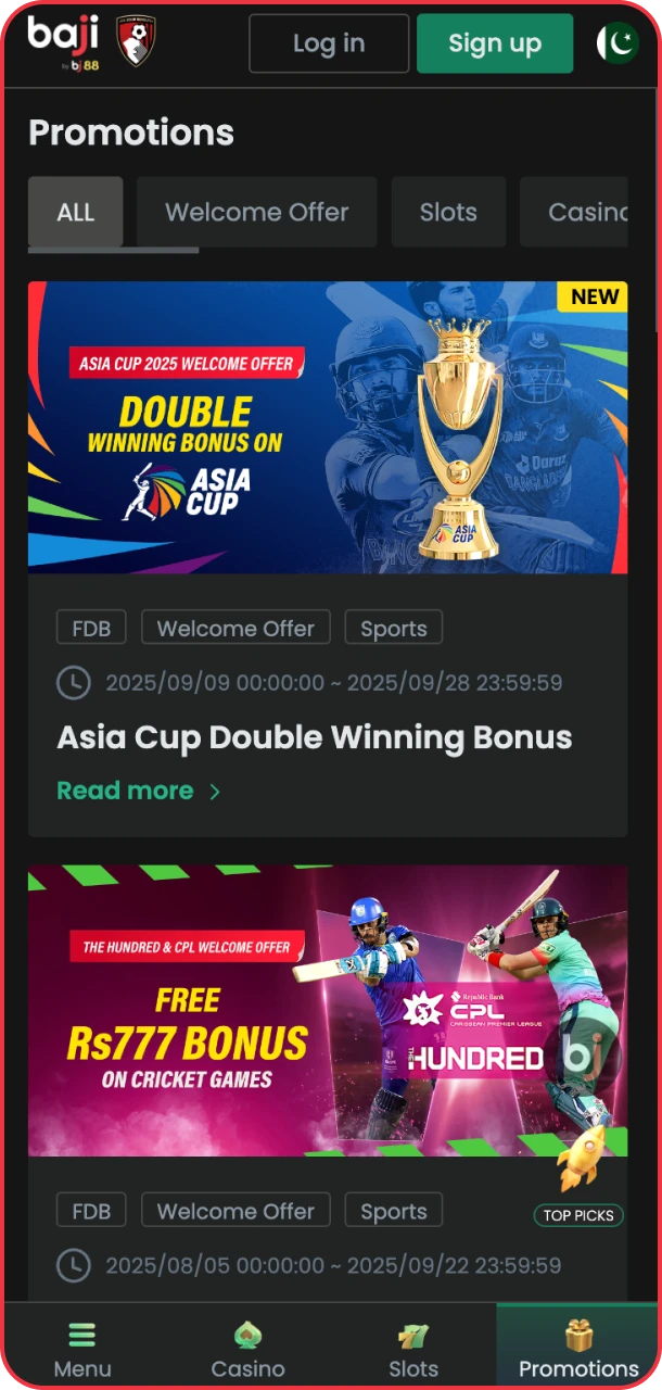 Discover exclusive bonuses shown inside the Baji app.